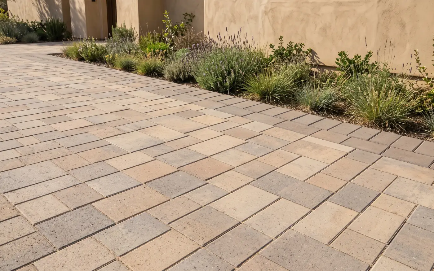 Concrete pavers in a mixed buff, gray and brown blend laid against a planting bed of lavender and grasses