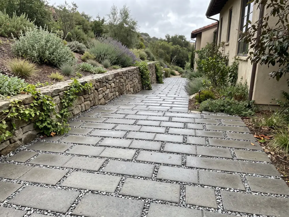 Gray concrete pavers with wide joints filled with small stone chips on a side path beside a stone wall