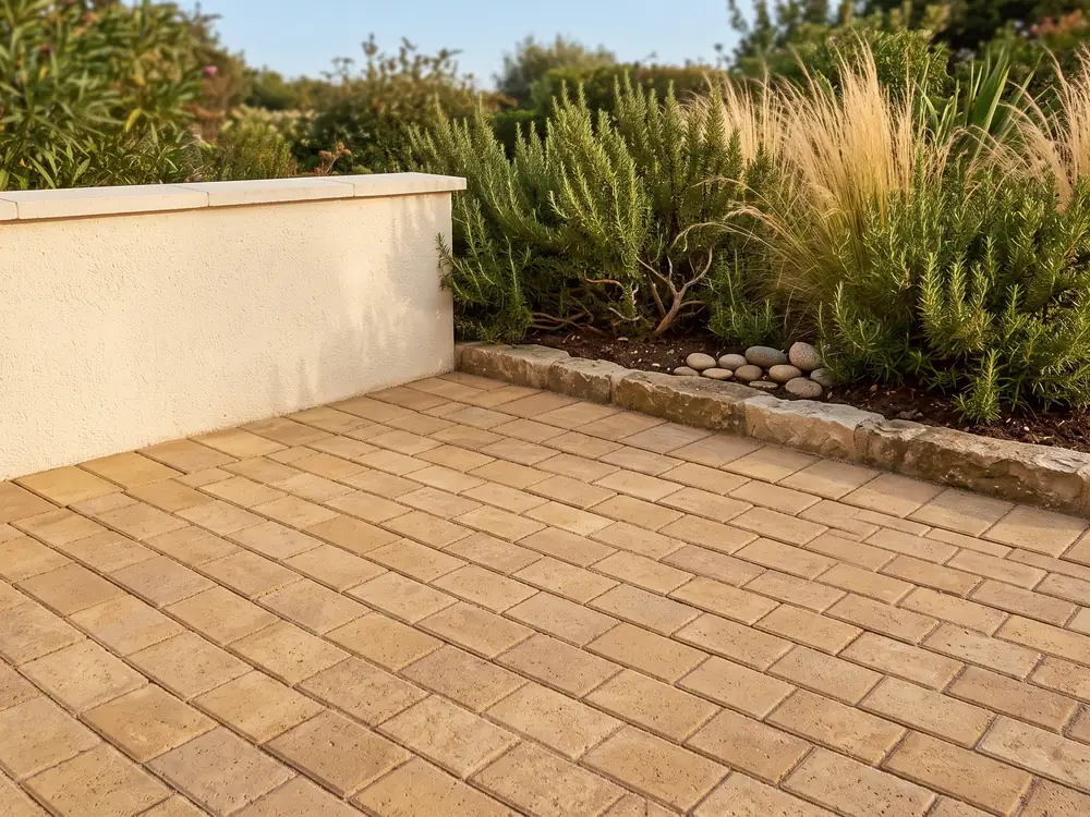 Honey toned paver patio finished neatly against a stucco wall and a stone edged planter