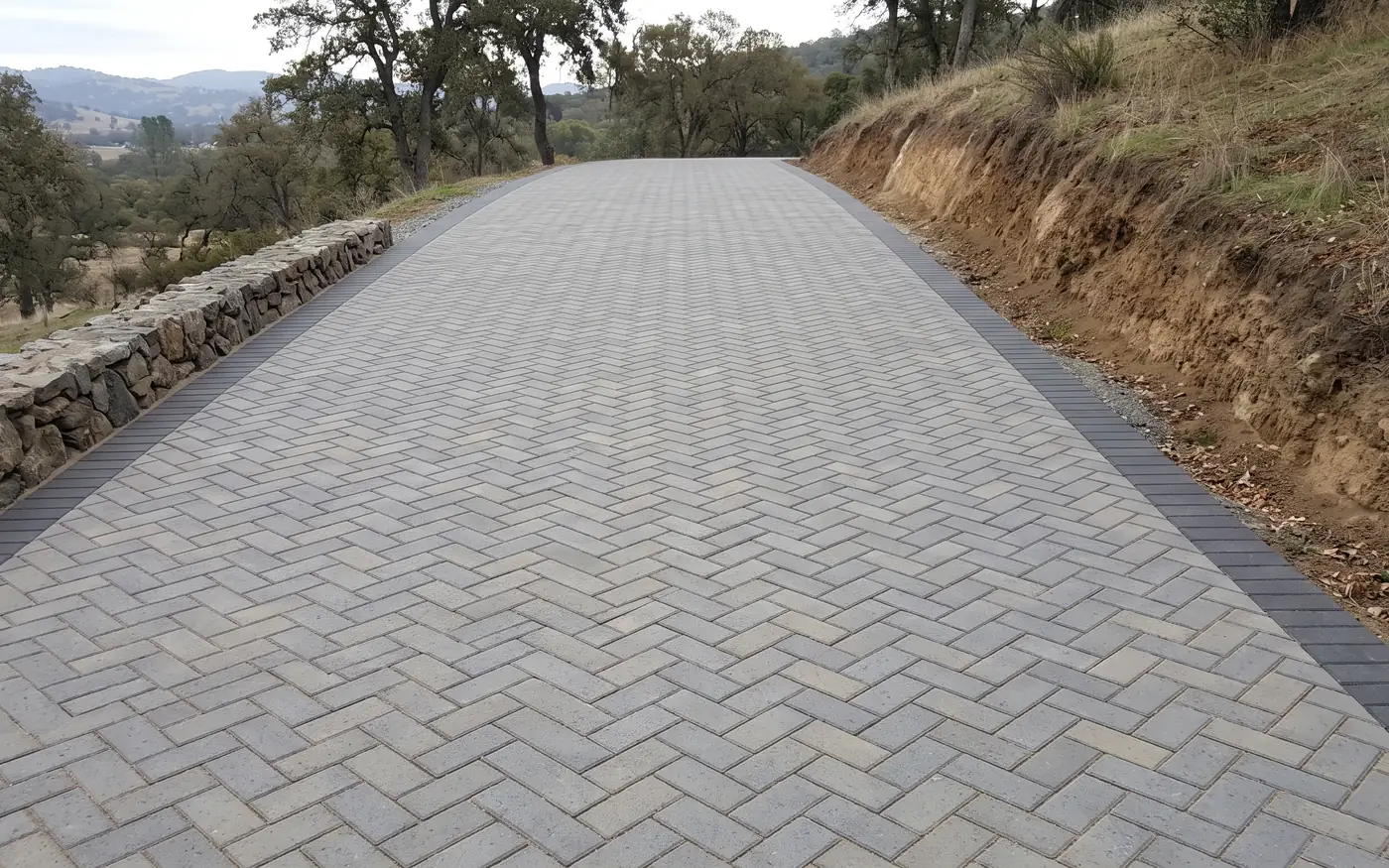 Gray paver driveway in a herringbone pattern with a dark banded border, running beside a cut hillside bank