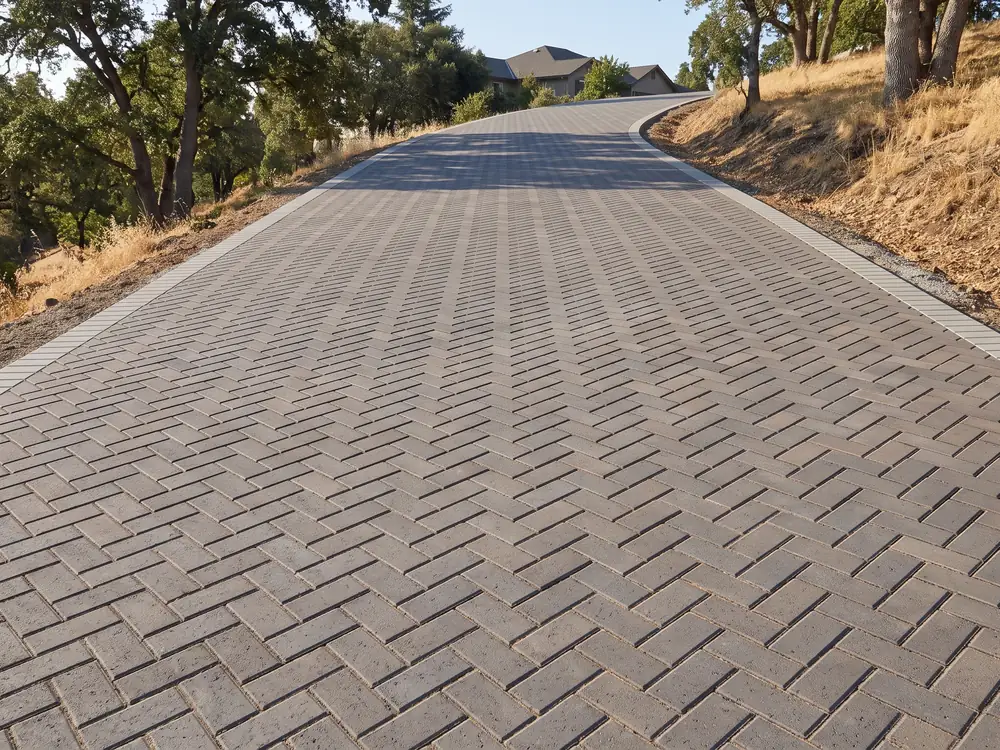Charcoal pavers in a herringbone pattern on a driveway climbing a wooded hillside