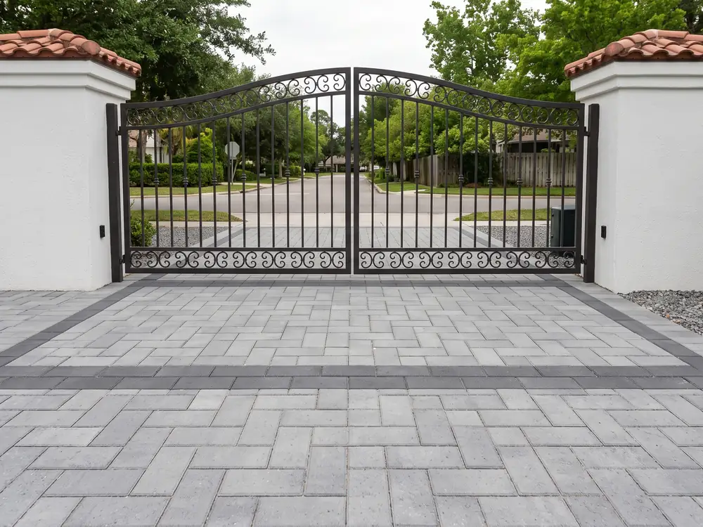 Gray pavers under an iron gate between white pillars, with a dark band across the threshold