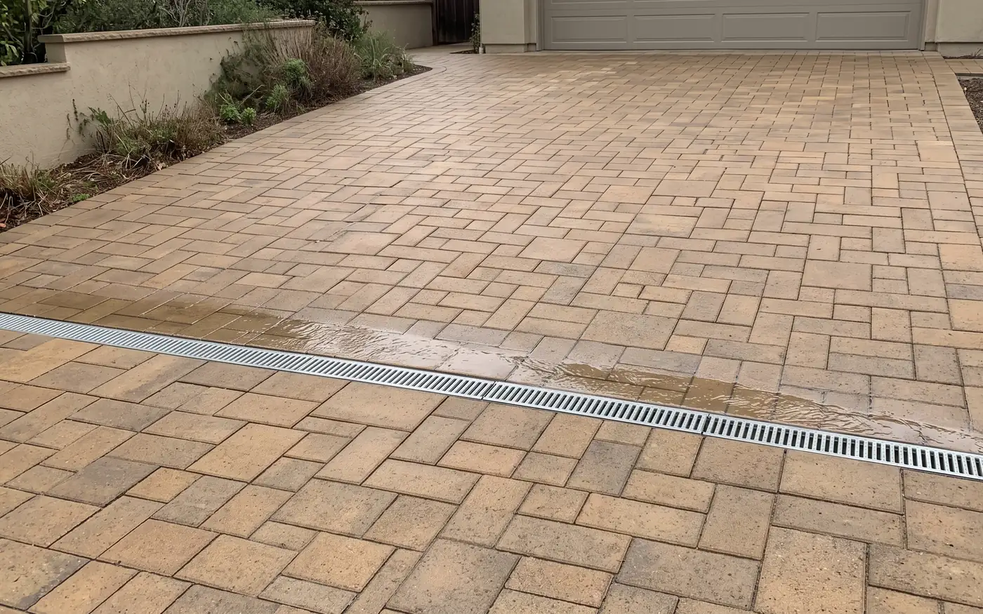 Tan paver driveway after rain with water running into a metal channel drain across its width