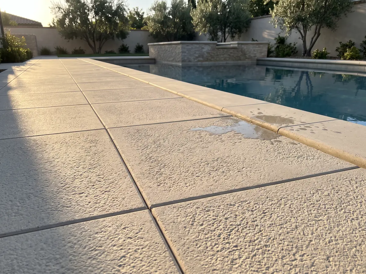 Light textured square pavers along a pool edge with rounded coping and a raised spa wall