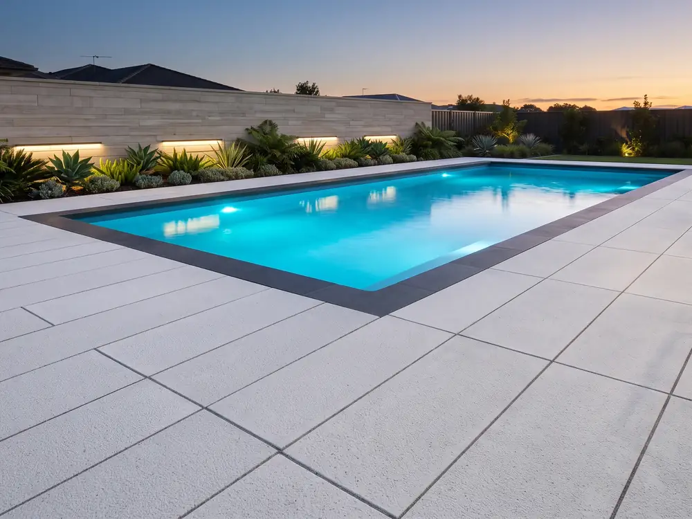 Pale large format paver deck around a lit pool at dusk