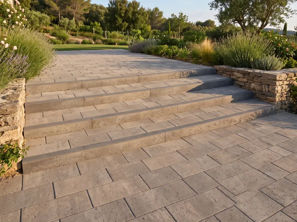 Wide paver steps joining two terrace levels between stacked stone walls