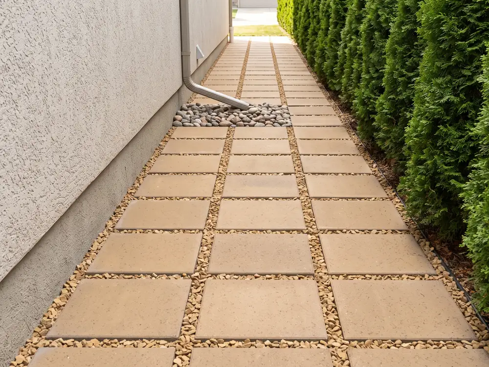 Sand colored square pavers with gravel filled joints along a narrow side yard